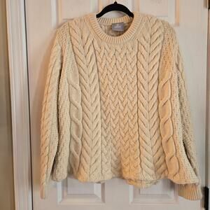 Aran Woollen Mills Women's Cable Kint Merino Wool Sweater Cream Size Large